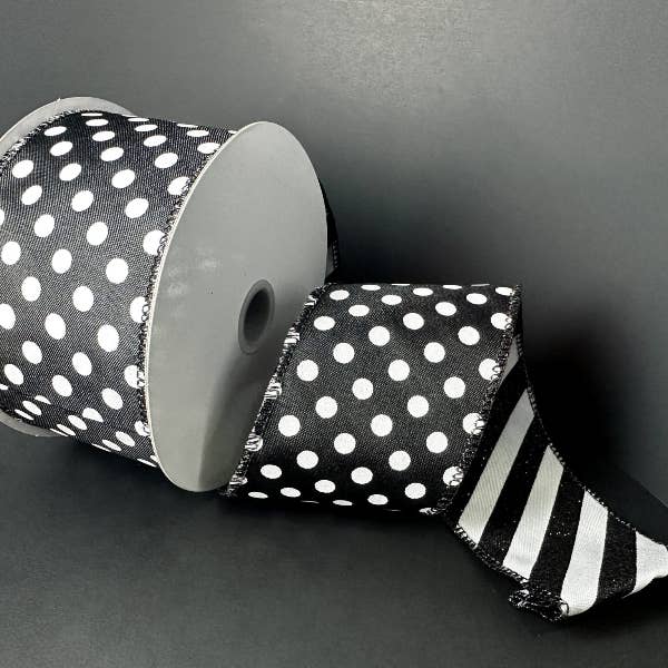 2.5"X10Y Dbl Sided: Black Satin-White Dots/Black-White Glitter Candy Cane Stripe Ribbon D73582-40-20 for wholesale by Trendy tree