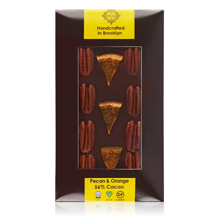 Grande barre chocolat noir — noix de pécan et orange pour la vente par NETO Chocolate