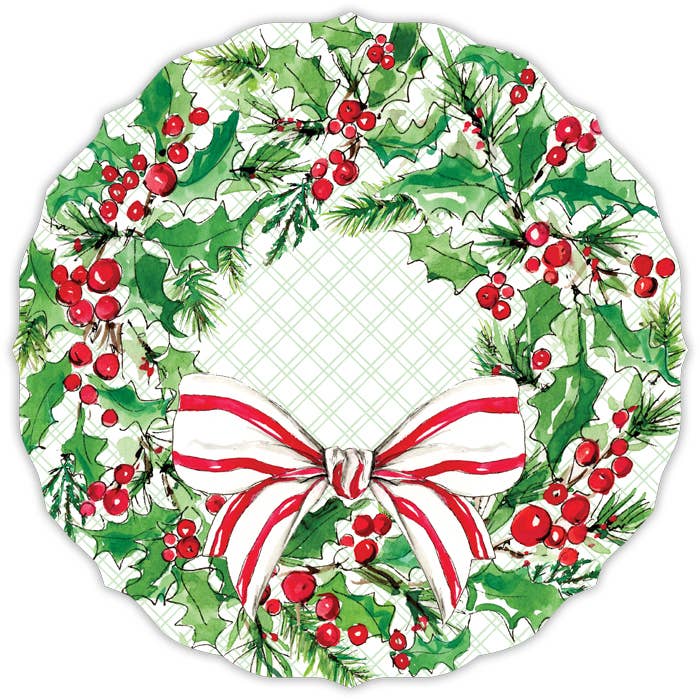 RosanneBeck Collections - Wholesale Disposable Placemat - Handpainted Holly Wreath with Bow Posh Die-Cut Placemat