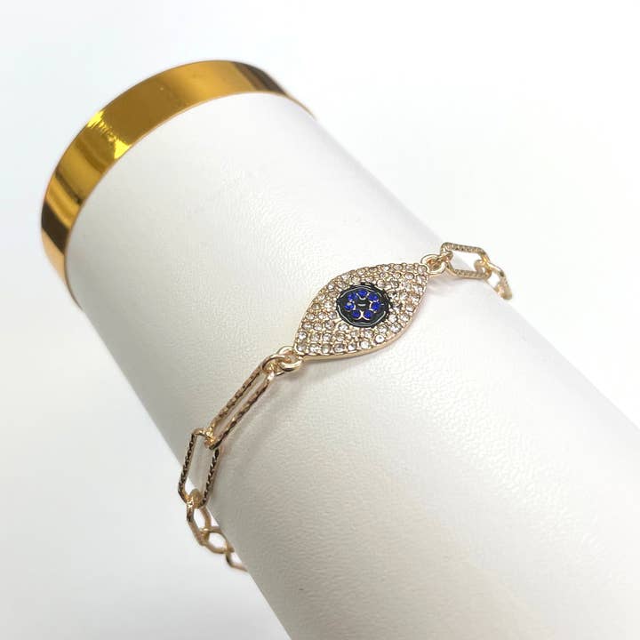 Gold Blue Evil Eye Stone Pendant with Diacut Paper Clip Chain Bracelet for wholesale on Faire