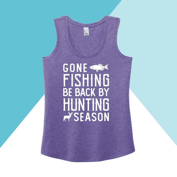 Gone Fishing Be Back By Hunting Season Dames Racerback Tanktop voor wholesale door North Owl Apparel
