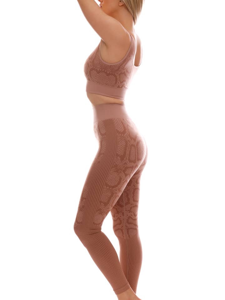 VENAO Swimwear - Wholesale Activewear set – Women′s - Python Print Seamless Mocha Workout Set for Women1