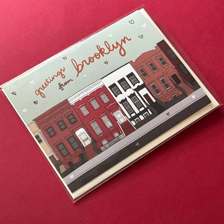 Carte de vœux rangée de maisons en grès brun de Brooklyn New York City NYC pour la vente par Made by Nilina