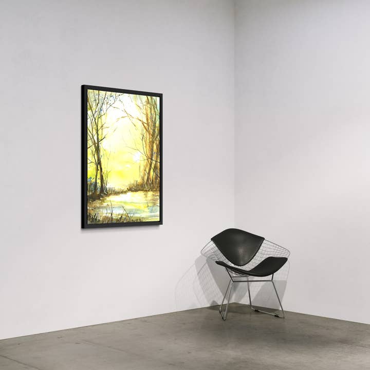 Forest landscape at sunset colorful watercolor painting suns rays trees wildlife decor art for house handmade item (print) for wholesale by Ryan Fox Fine Art