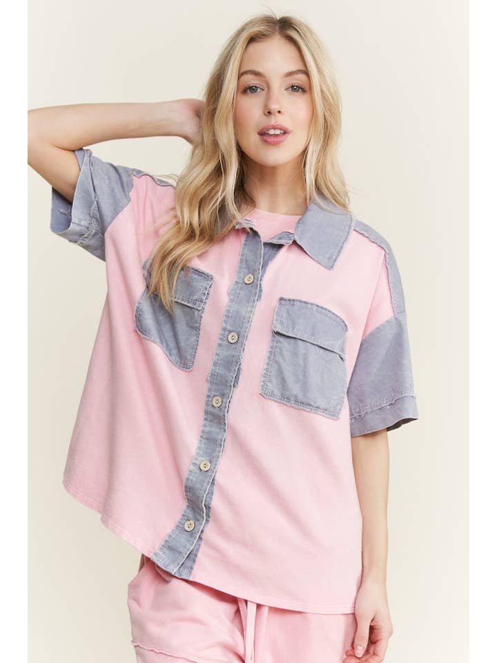 J.Her - Vendita all'ingrosso Giacca a camicia - Donna - Shacket con toppa sul retro a fiori lavato minerale HT64667