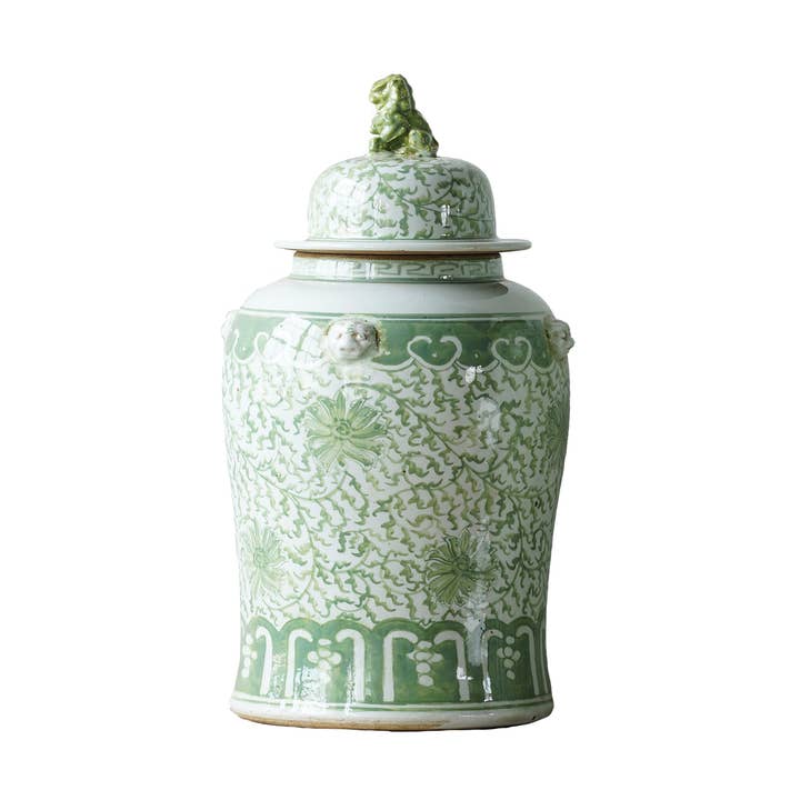 Jingdezhen Hand-Painted Temple Jar, Green with Flower for wholesale by Blue Ocean Traders