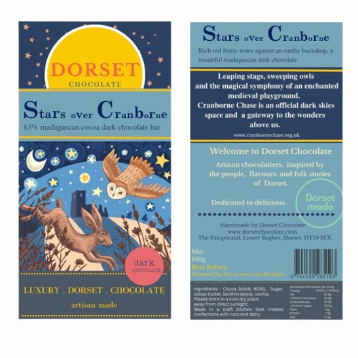 Stars Over Cranborne. 63% dark chocolate bar for wholesale by Dorset Chocolate