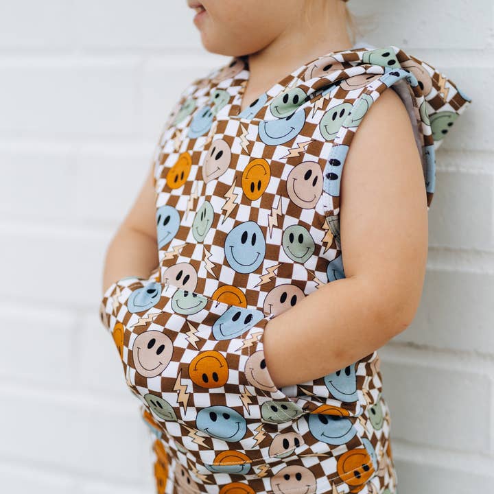 BAMBOO HOODIE TANK- Beige Happy Smiles for wholesale by millie + roo LLC