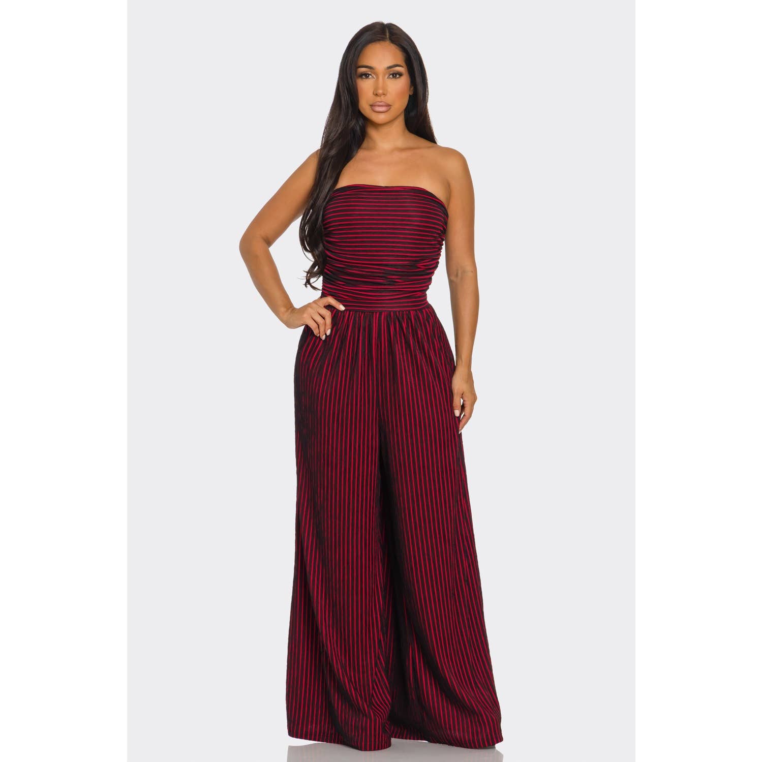 ITSSY - Wholesale Jumpsuit - Women's - Striped Strapless Pleated Wide Leg Jumpsuit0