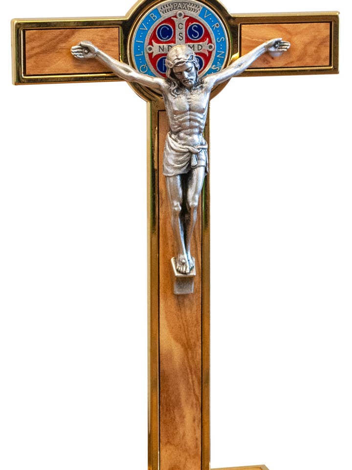 8" Standing St. Benedict Crucifix Gold-Tone, Wood & Color for wholesale by Village Gift Importers