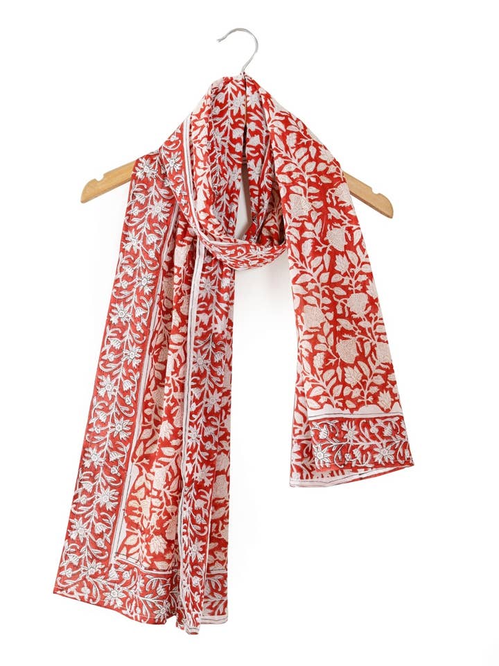 Women's Hand Block Printed Cotton Long Stole Scarves Red for wholesale by NEOSTITCH LLC