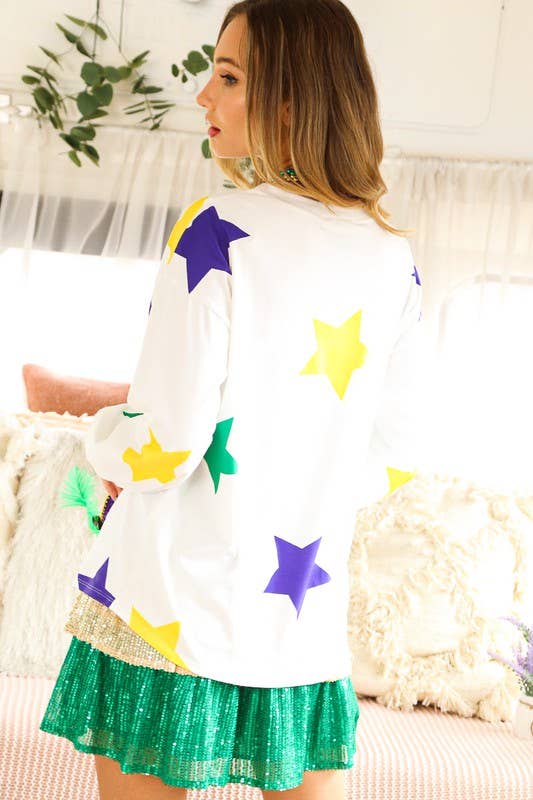 Vine & Love - Wholesale Sweatshirt - Women's - Mardi Gras Crew Neck Long Sleeve Star Jersey Top VT81357DP12