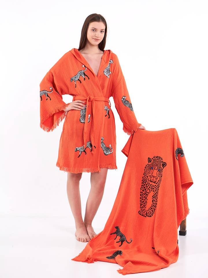 Orange Leopard Print Short Robe Animal Print Clothing Kimono for wholesale by Yaz Concepts
