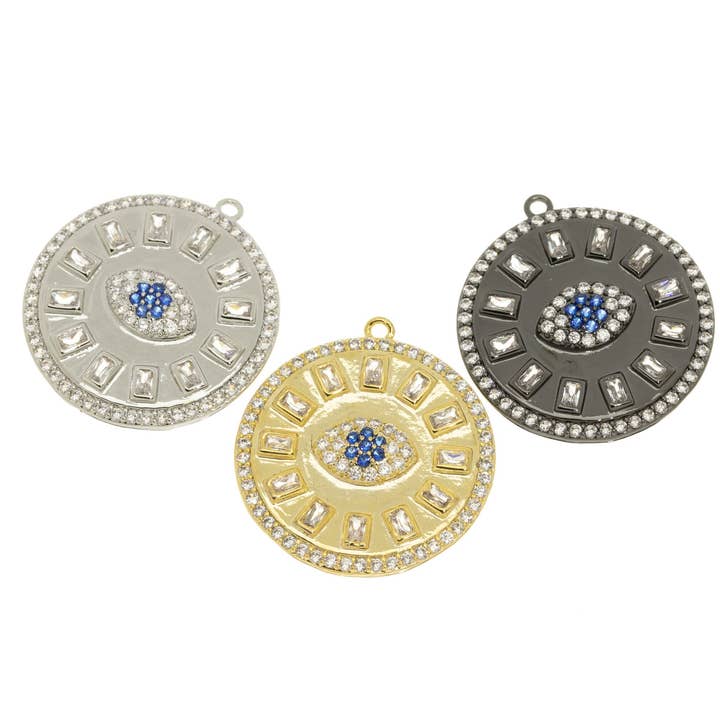 Jewel Pledge - Wholesale Individual Charm/Pendant - Evil Eye Pave Baguette Bling Disc Pendant,CPG-S-B1230