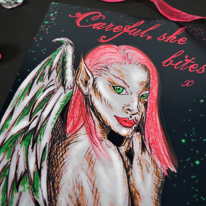Hannah Kate Makes - Wholesale Art Print - Dark Angel Art Print - Careful She Bites - A5/A4 Pink/Green1