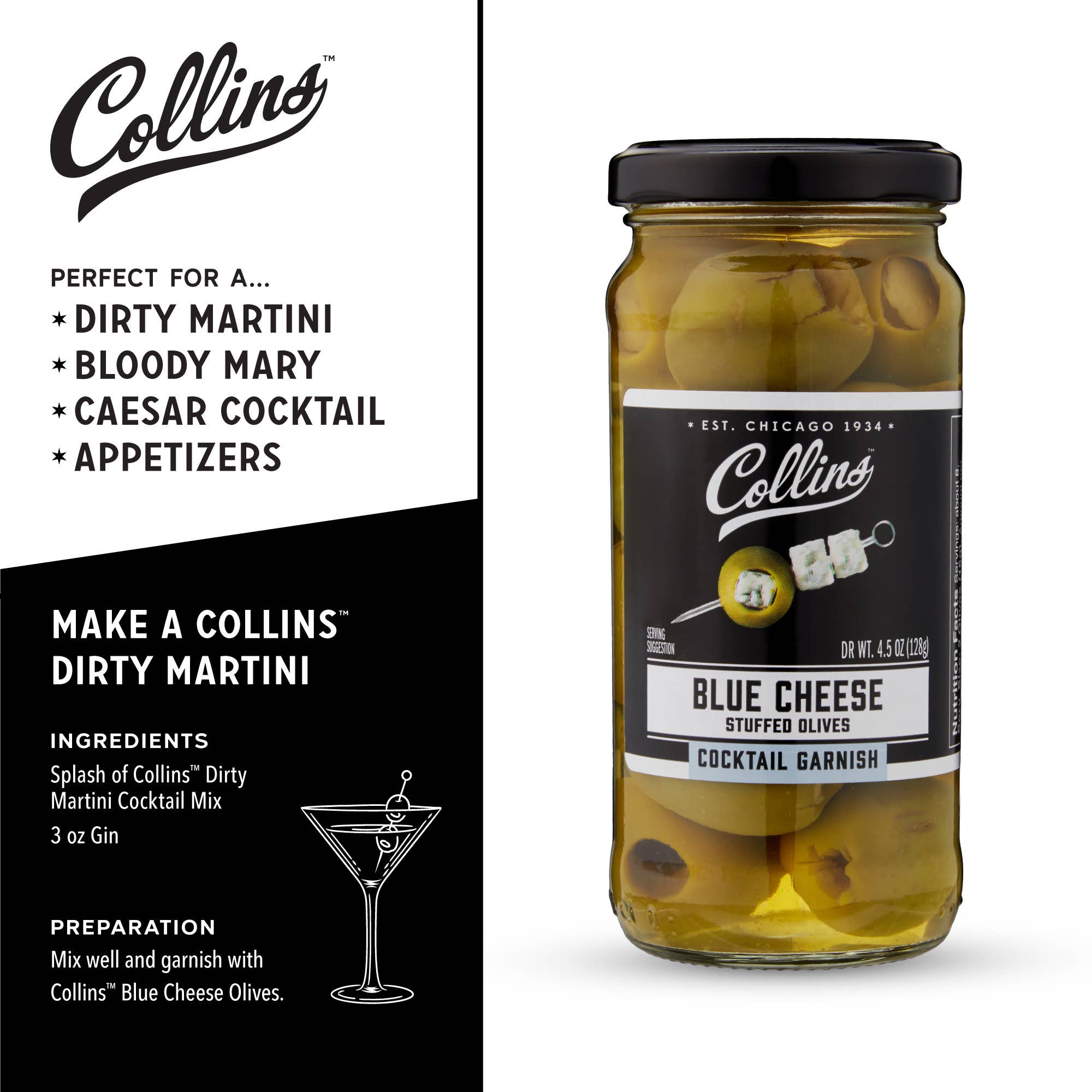 Collins - Wholesale Olives - Gourmet Blue Cheese Stuffed Cocktail Olives 4.5 oz2