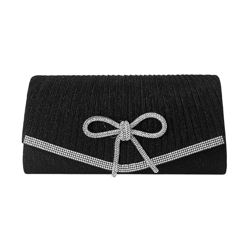Sensibling Corp. - Wholesale Clutch Bag - Women's - Rhinestone Studded Bow Accent Pleated Evening Crossbody Clutch Bag1