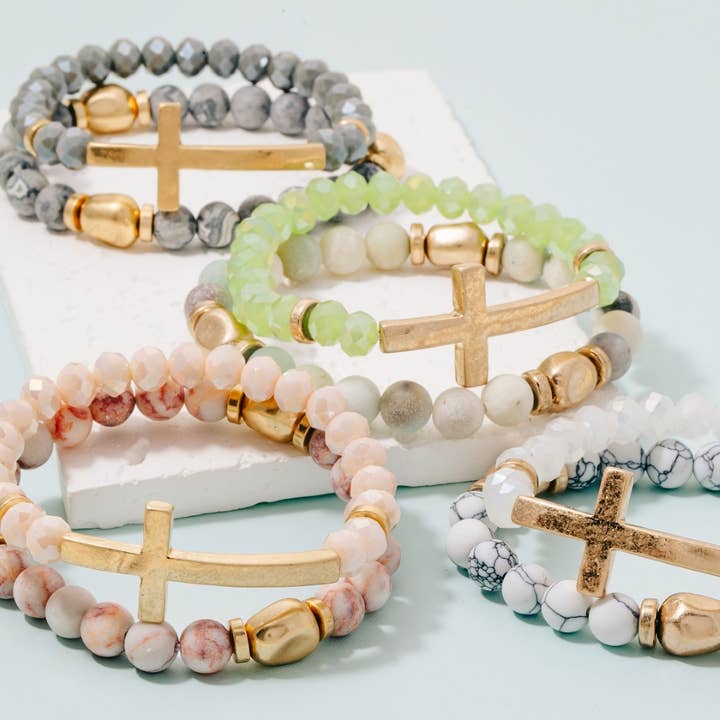 Cross Charm Stone Beaded Bracelet Set for wholesale by The Looks by Fame Accessories