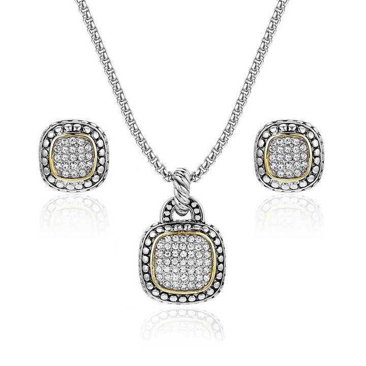Two Tone Square Crystal Necklace & Earring Set for wholesale by Laudic Co