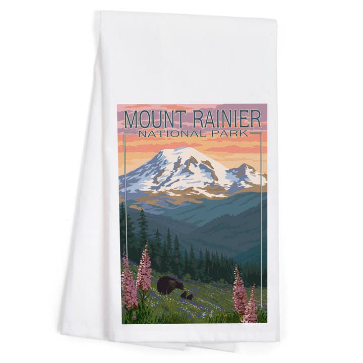 ORGANIC TEA TOWEL Mount Rainier National Park Bear Flowers for wholesale by Lantern Press