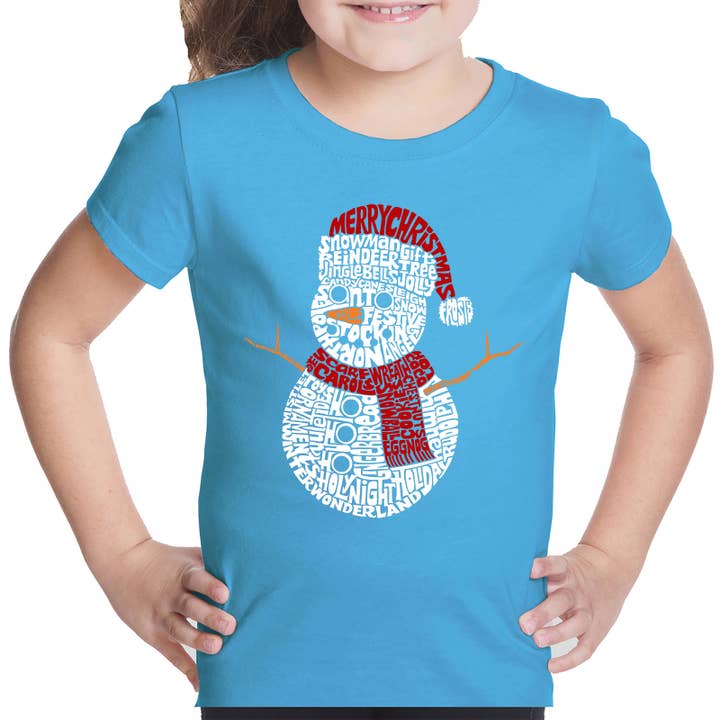 LA Pop Art – Großhandel T-Shirt mit Siebdruck – Kinder – Christmas Snowman — Word Art T-Shirt für Mädchen3