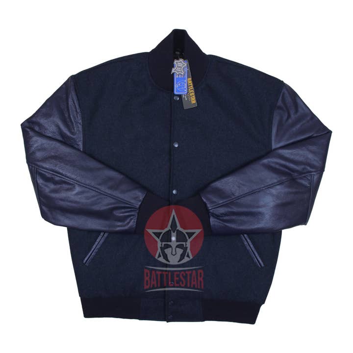 Navy Blue Wool & Leather Baseball Bomber Varsity Jacket for wholesale by Eastworth Industries