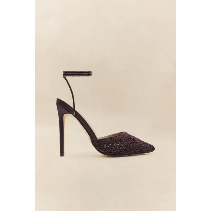 XANDRA - Tacchi a spillo color cioccolato con effetto uncinetto per la vendita all'ingrosso da parte di Lemonade Shoes