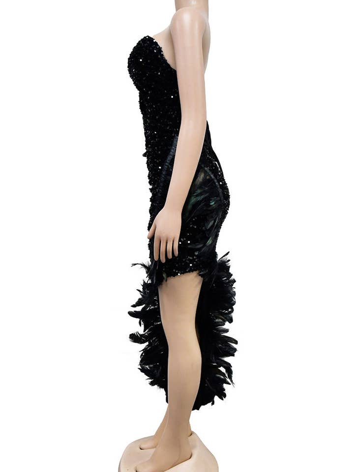 BLACK Sequin Feather Trim Dress for wholesale on Faire4