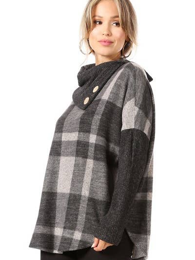 Chris & Carol Apparel - Wholesale Tunic Sweater - Women's - 211308T-PLAID COWL NECK BUTTON SWEATER