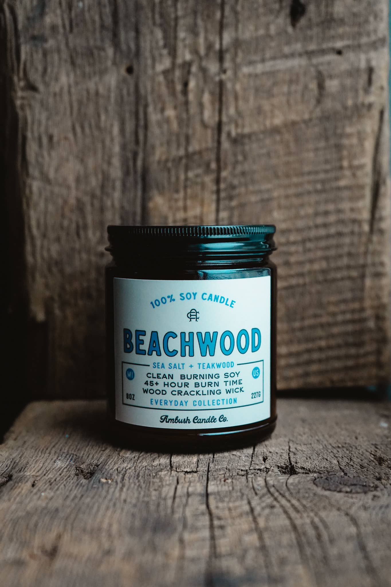 Ambush Candle Co. - Wholesale Jar/Filled Candle - Beachwood | Sea Salt + Teakwood 8oz Soy Candle6