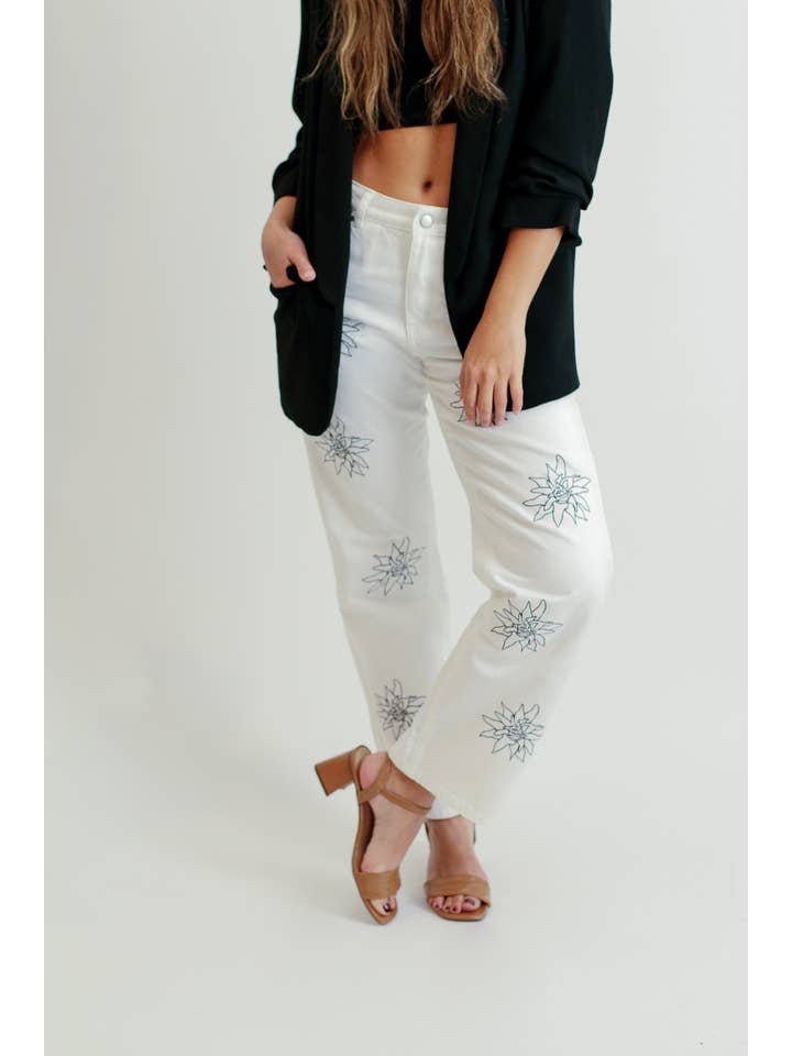 Alesia Designs - Wholesale Jeans - Women's - White Embroidery Wide Leg Jean2