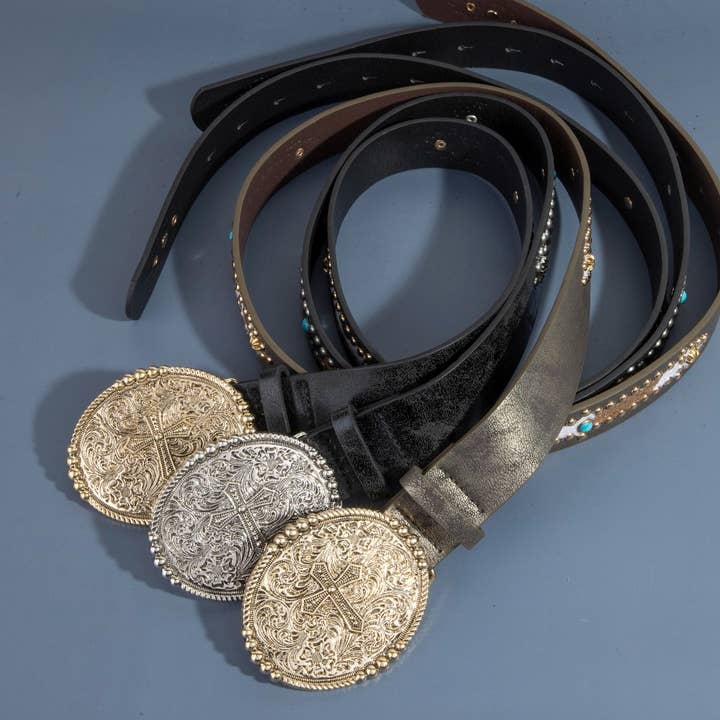 Vegan Leather Embroidered Cowboy Buckle Belt for wholesale by Collections by Fame Accessories