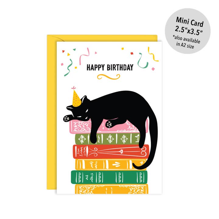 Mini Cat & Books Card | Enclosure Size Birthday Card for wholesale by Lucy Loves Paper
