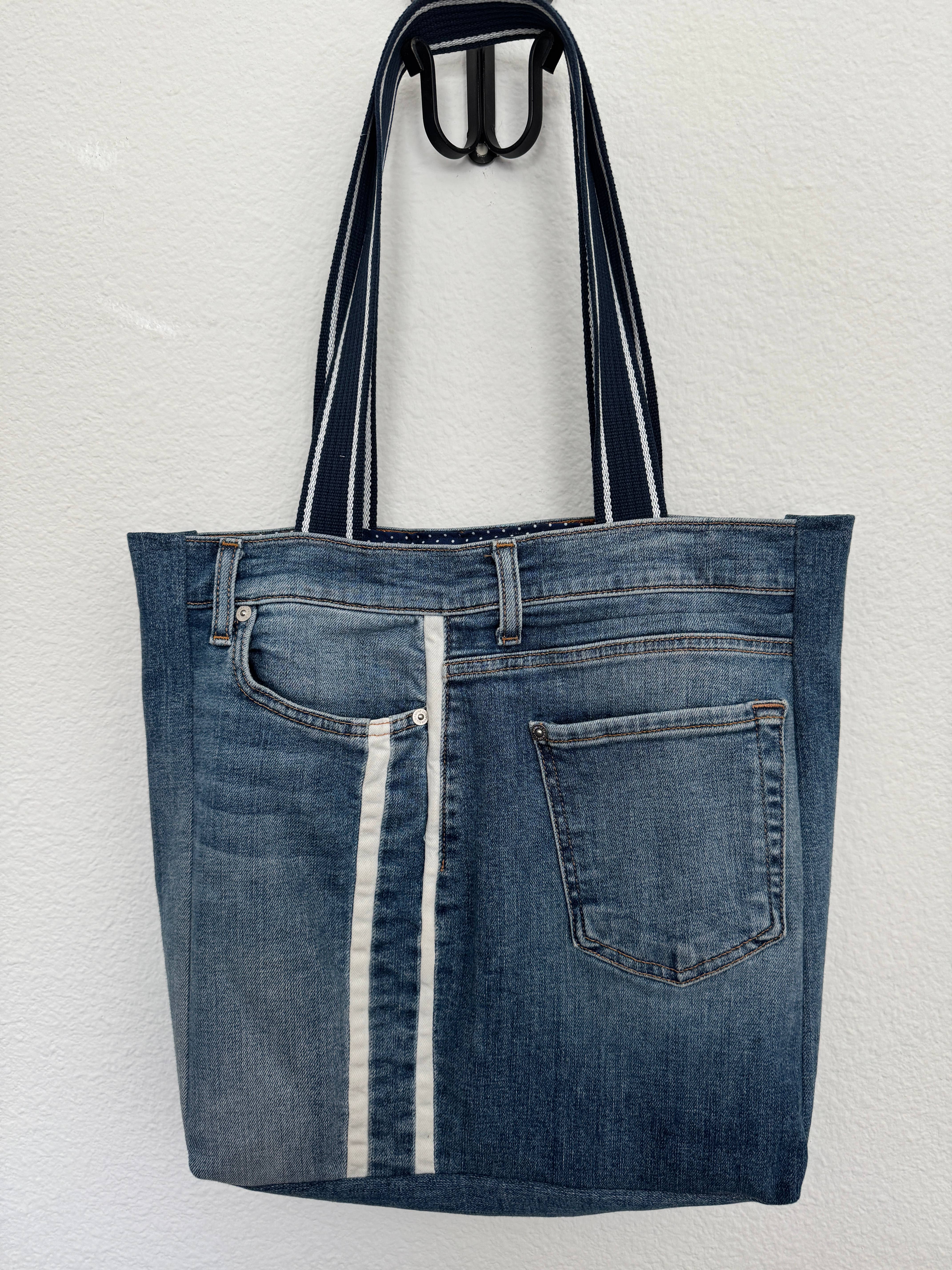 Indigo Bags - Wholesale Tote Bag - Women's - 7FAM Upcycled Premium Denim Tote Bag w/ stripe - blue dot2