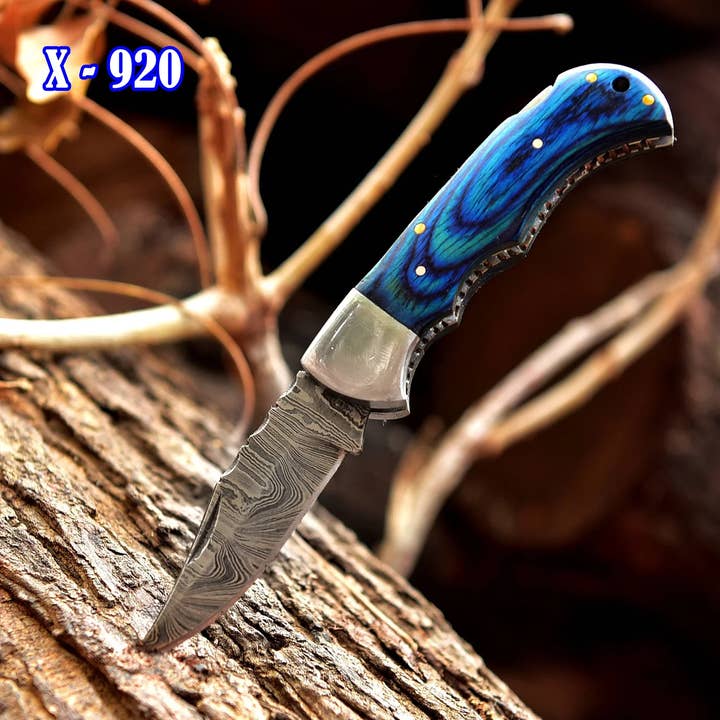 Deer Edge - Wholesale Pocket Knife/Holder -
Handcrafted Damascus Steel Folding Pocket Knife with Blue 3