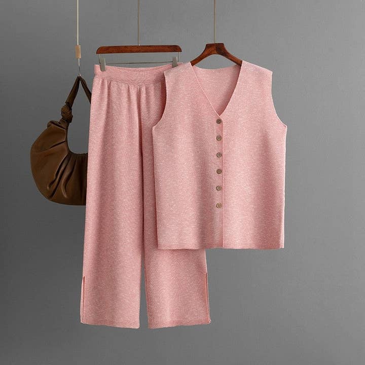 Pure Color Knit Cardigan Vest Wide Leg Pants Set for wholesale by UZ Wholesale Store