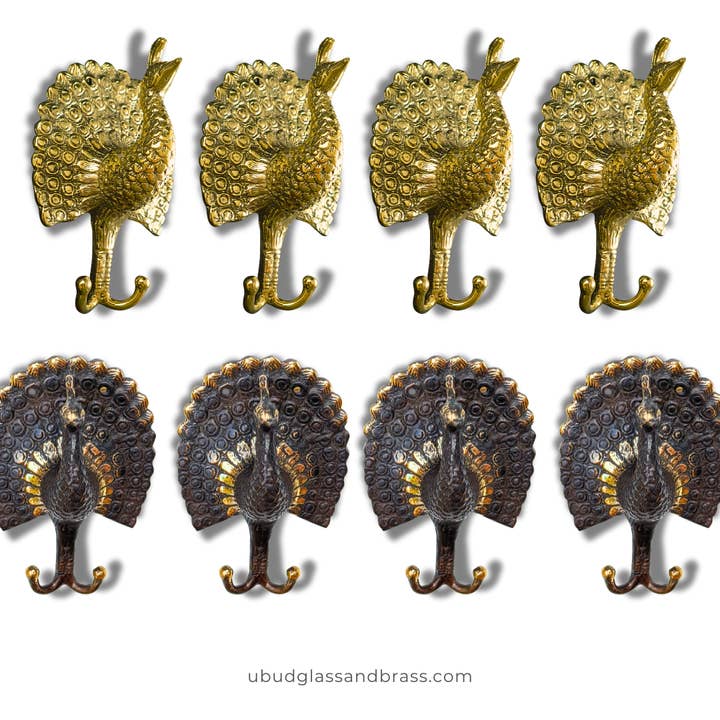 Conjunto de 4 Ganchos Duplos de Latão com Pavão – Ganchos de Parede Cottagecore Boho para Jóias e Toalhas por atacado de Ubud Glass