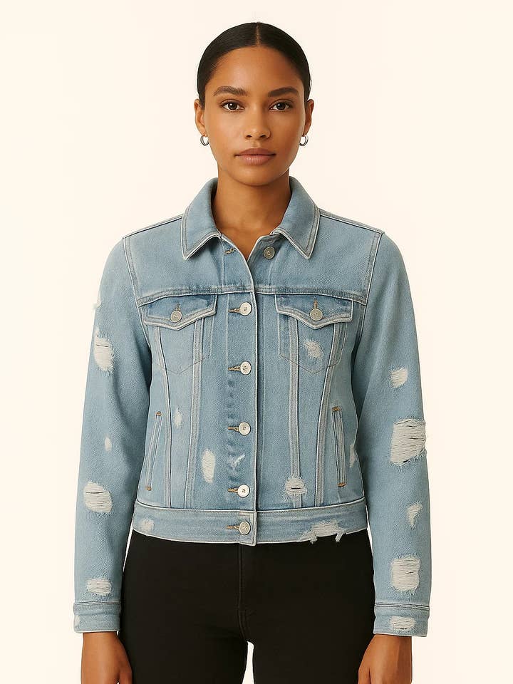 Women casual Light Blue Distressed Denim Jacket / WCBDJ 13 for wholesale by Zovater Incorporation