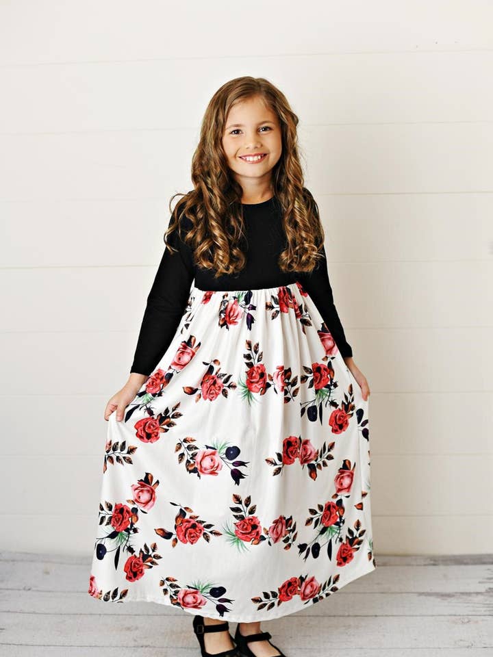 Kids Black Long Sleeve Rose Maxi Fall Winter Dress for wholesale by Adorable Sweetness
