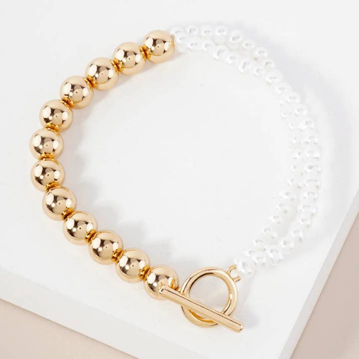 Wild Honey - Wholesale Beaded Bracelet - 7mm Metallic-Bead 4mm Pearl-Bead Toggle-Closure Stretch Bracelet