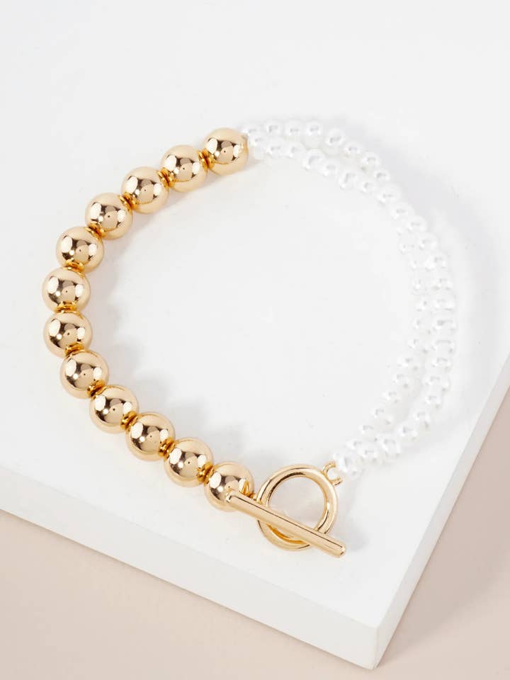 7mm Metallic-Bead 4mm Pearl-Bead Toggle-Closure Stretch Bracelet for wholesale by Wild Honey