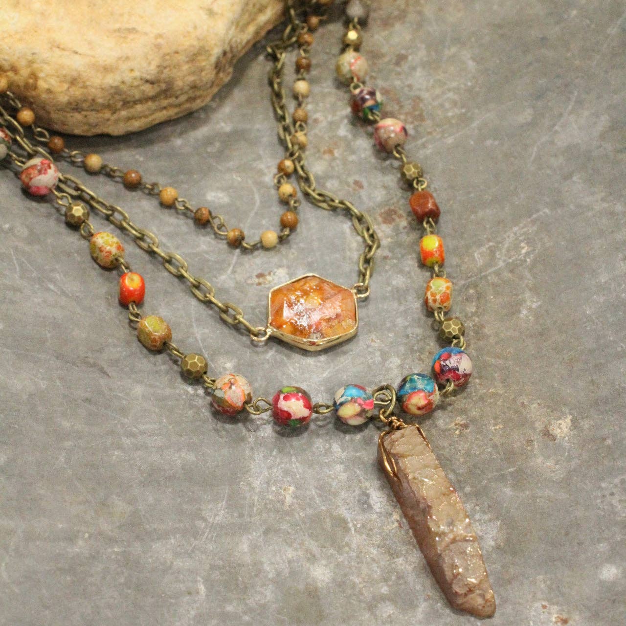 The Primitive Peddler, Inc. - Wholesale Pendant/Charm Necklace - Bohemian Layered Rusty Orange Stone & Crystal Necklace1