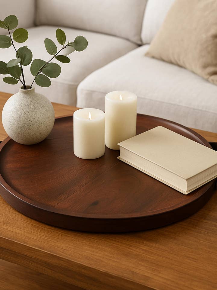 Plateau rond en bois de manguier vintage avec poignées en simili cuir pour la vente par 1 DOLLAR IMPORTS, LLC