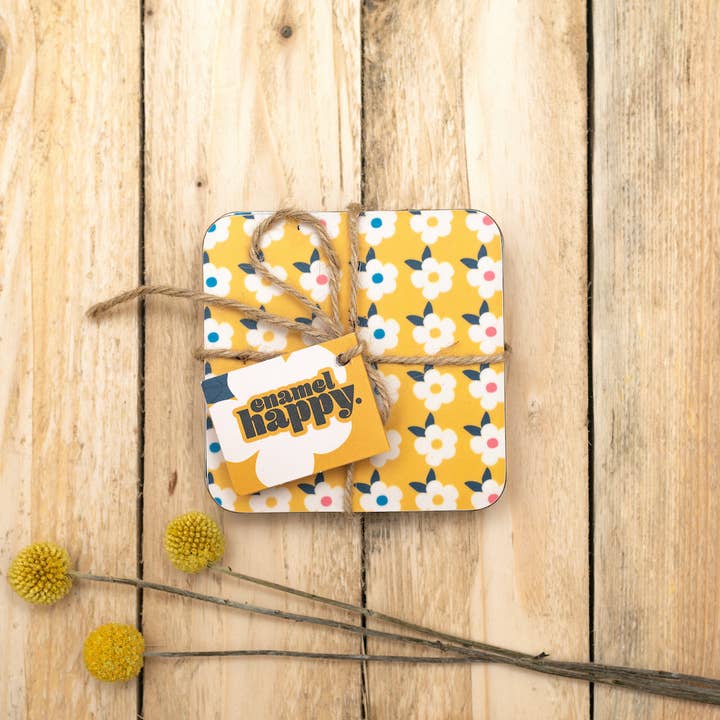 RETRO FLORAL COASTERS SET IN RAINBOW MULTI COLOURFUL CORK for wholesale by Enamelhappy