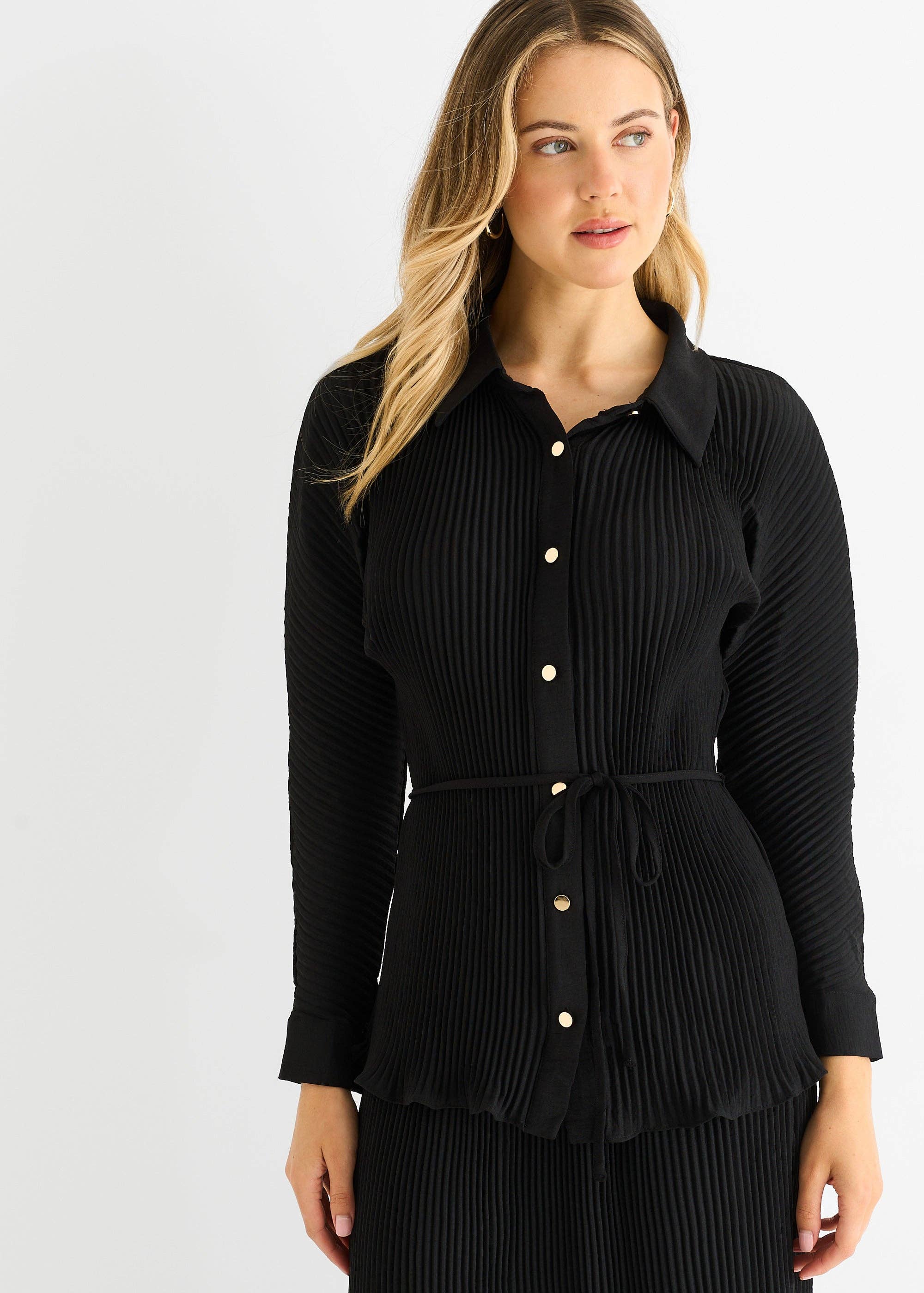 GINI LONDON - Wholesale Button Down Shirt - Women's - Black Plisse Button Through Shirt0