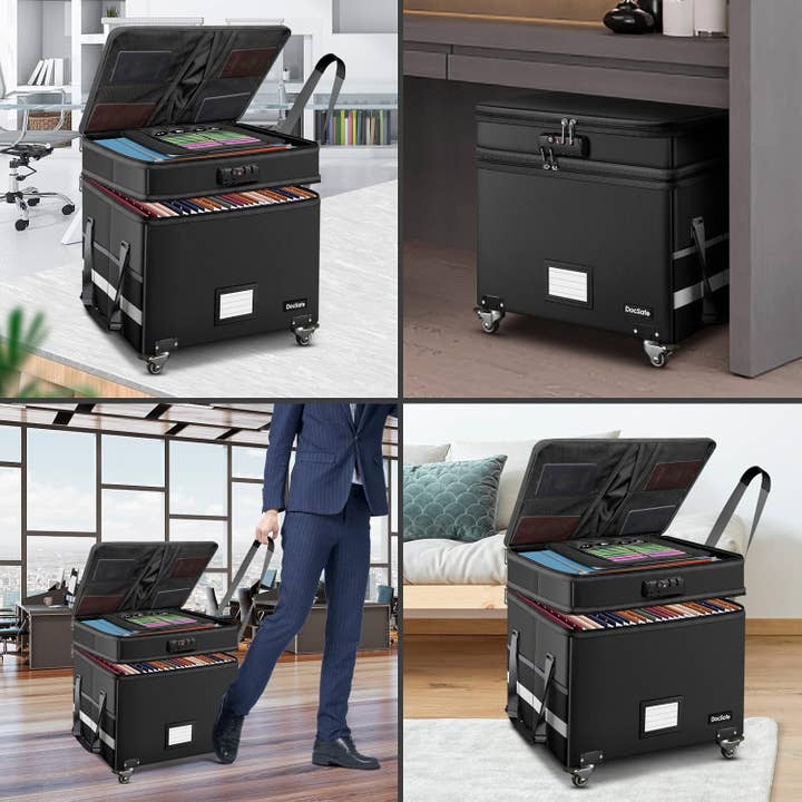 Black File Box with Lock, Multi-Layer Fireproof Document Box with Wheels,Collapsible Rolling File Storage Organizer Box with Pockets,Large Portable Home Office Filing Cabinet for Hanging Folders for wholesale on Faire