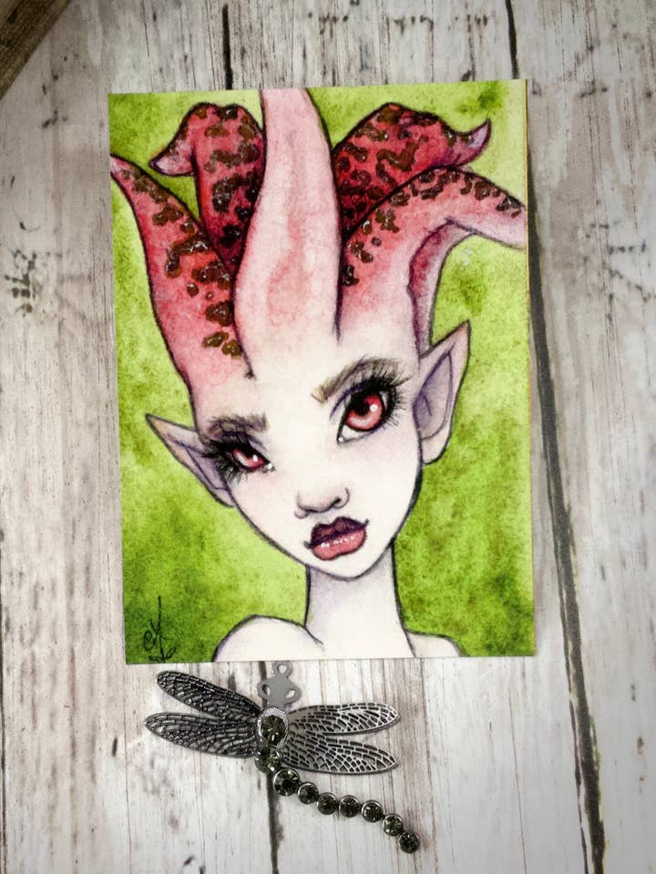 Funguary’s Clathrus Archeri Mushroom Faerie ACEO Print for wholesale by Faeries of Glittering Glen