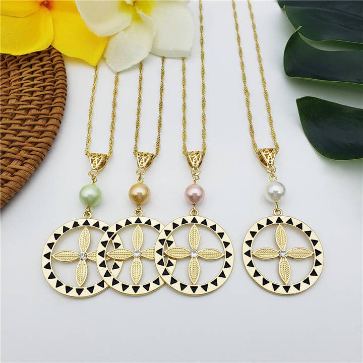 Set Of Flower Wheel With White Zircon Earrings And Necklace Sustained With A Pearl In 2 Different Colors for wholesale by S&T Collections