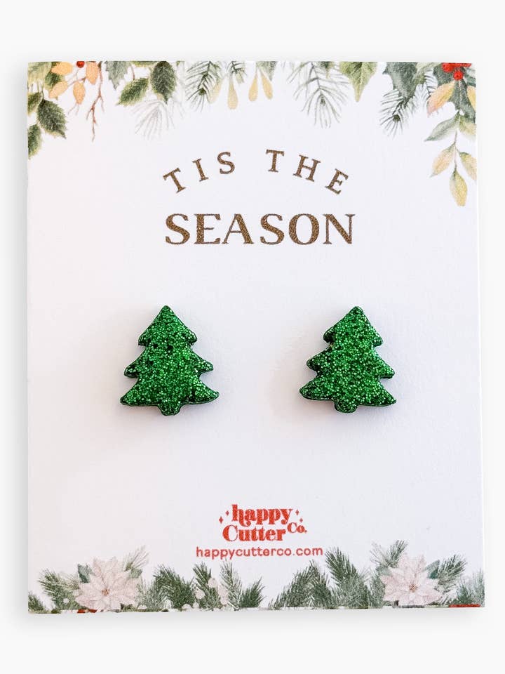 Christmas Studs - Green Glitter Christmas Tree Earrings for wholesale by Happy Cutter Co
