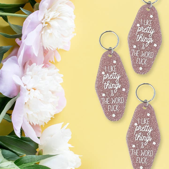 I Like Pretty Things & The Word Fuck Motel Keychain for wholesale by Sunshine & Lemons Co.